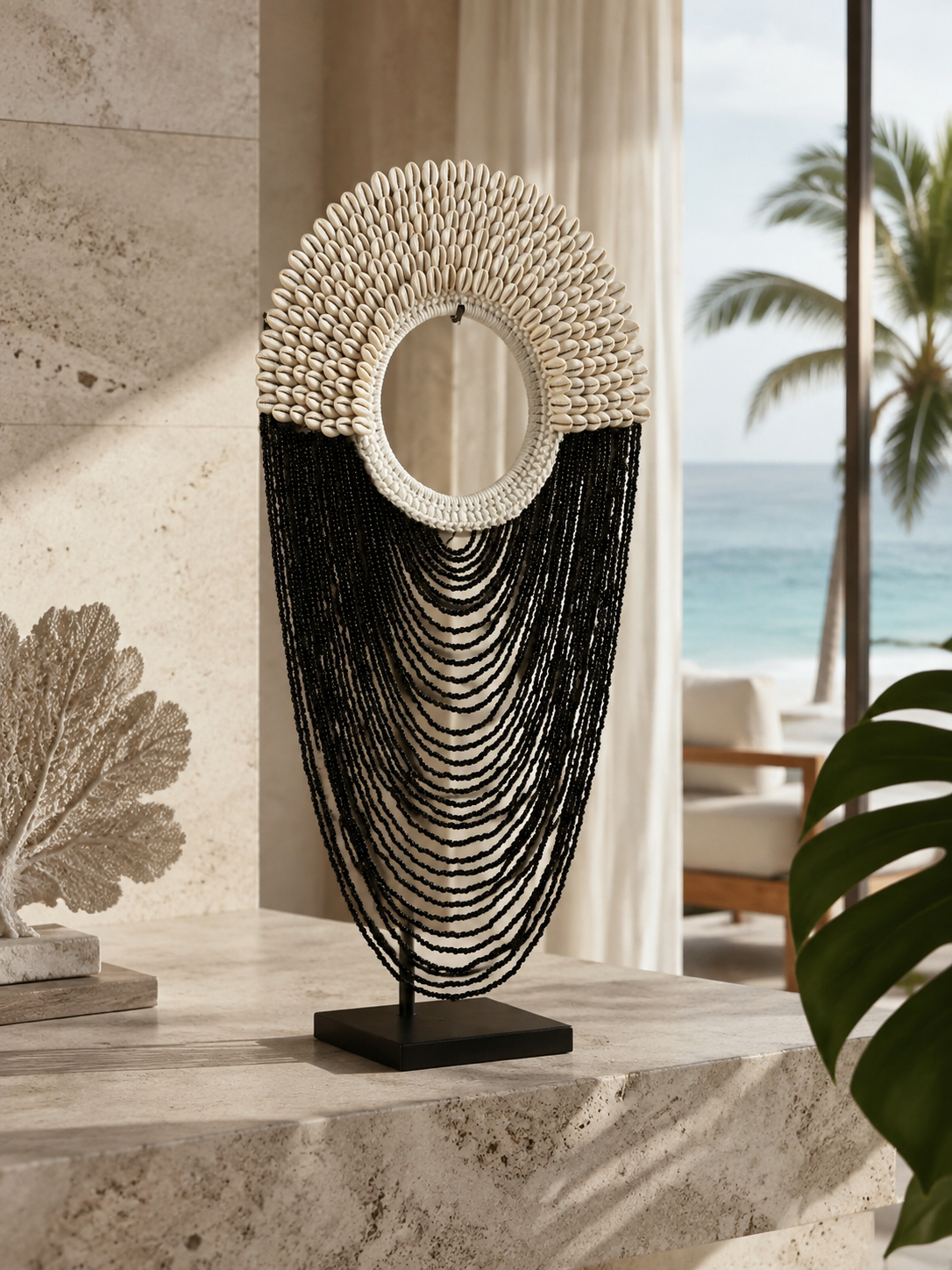 Black Shell Fringe decorative necklace — Black Shell Fringe decorative shell necklace — Black Shell Fringe Necklace on Metal Stand - ambience - Cabana Miami