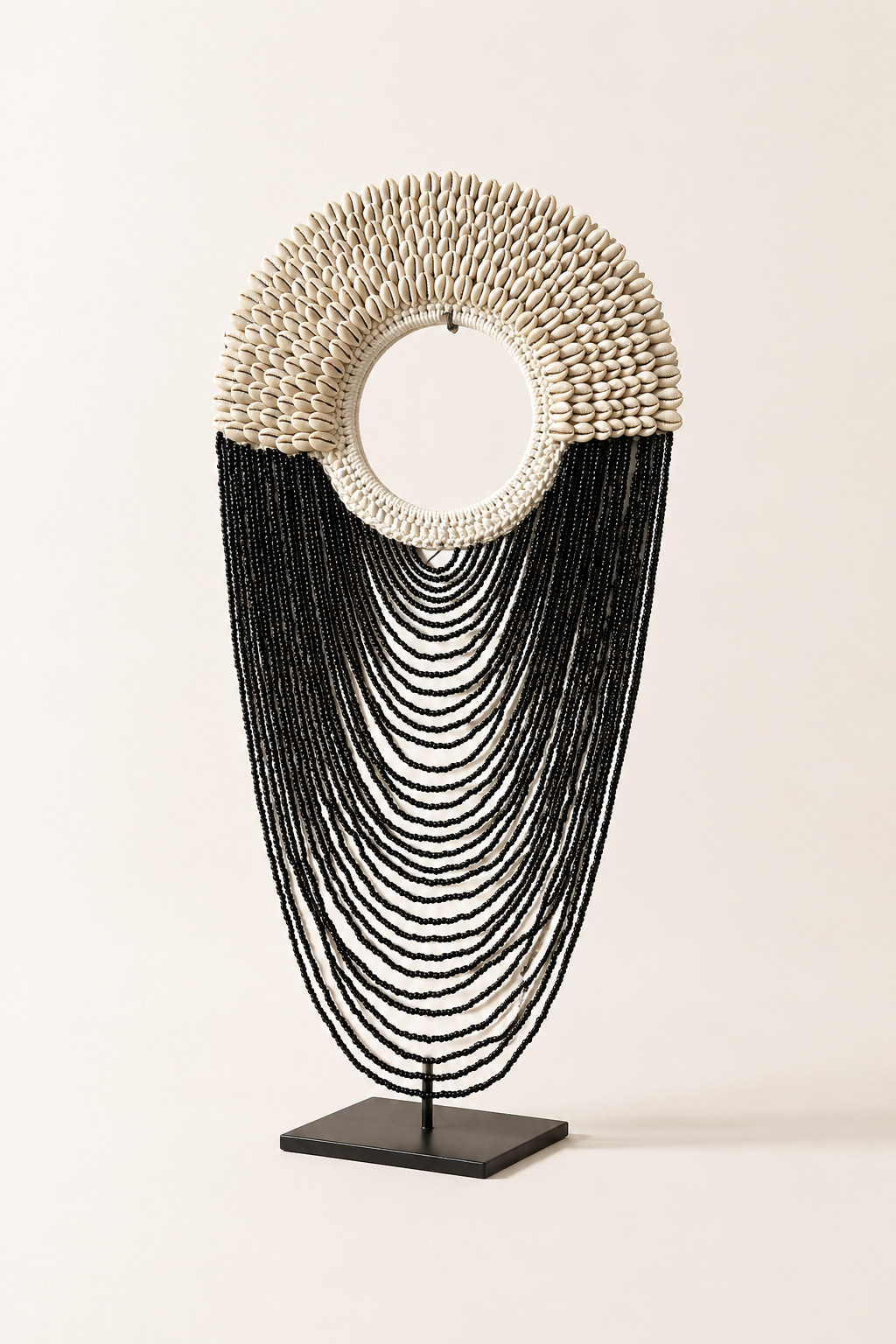 Black Shell Fringe decorative necklace — Black Shell Fringe decorative shell necklace — Black Shell Fringe Necklace on Metal Stand - three-quarter - Cabana Miami