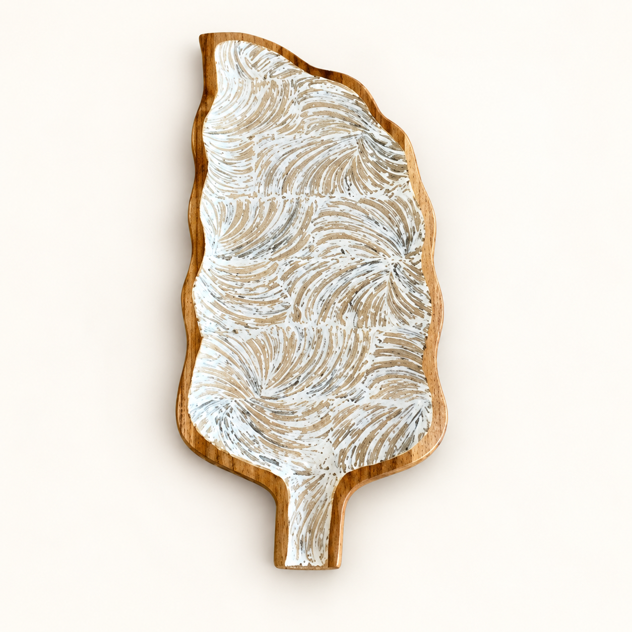 Botanical teak and white resin leaf decorative tray - top view
