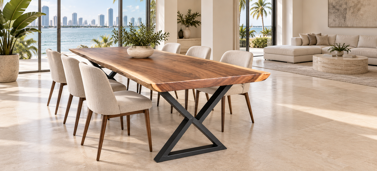 Custom live-edge table in a luxury Miami waterfront home