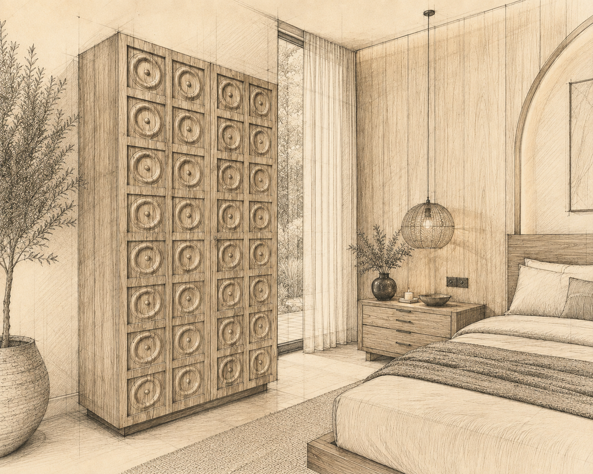Architectural drawing of a custom carved wood cabinet