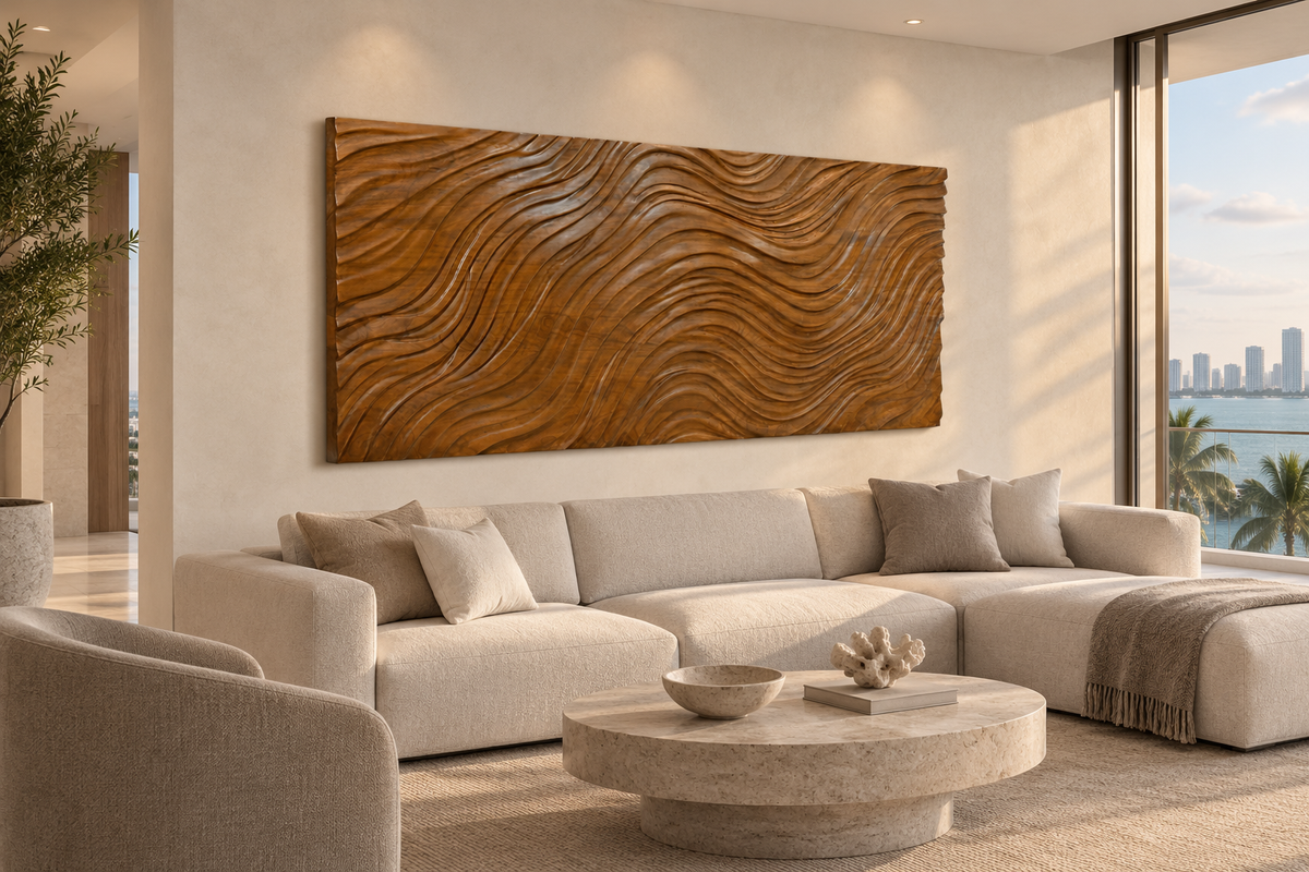 Completed sculptural carved wood wall panel