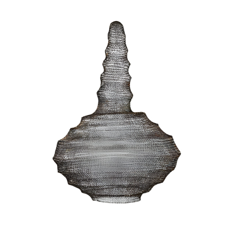 silver cascade lampshade, layered wire pendant, handcrafted ceiling light, sculptural lighting design, silver glow finish.
