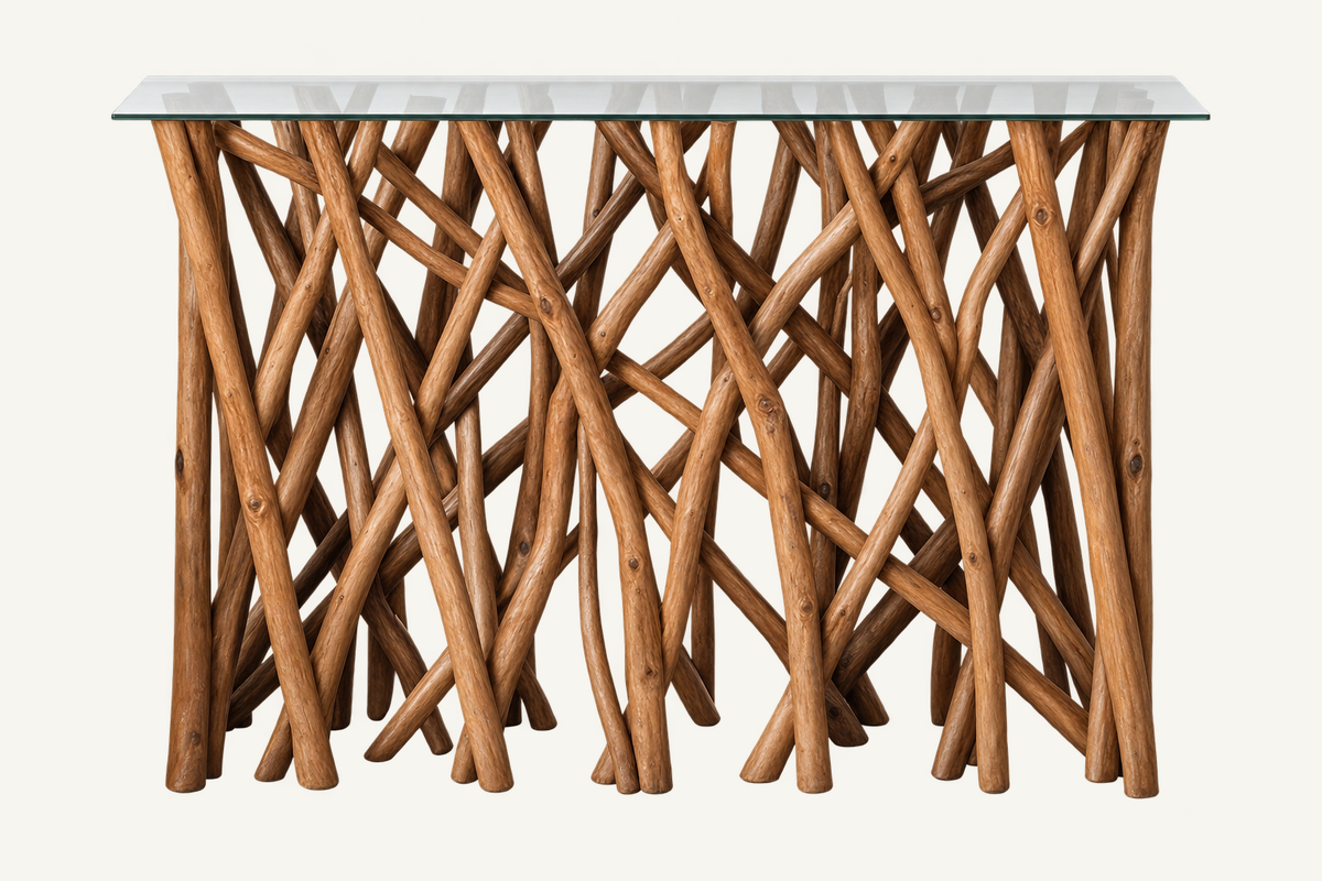Coastal Roots Console: glass top supported by intertwined wood branches