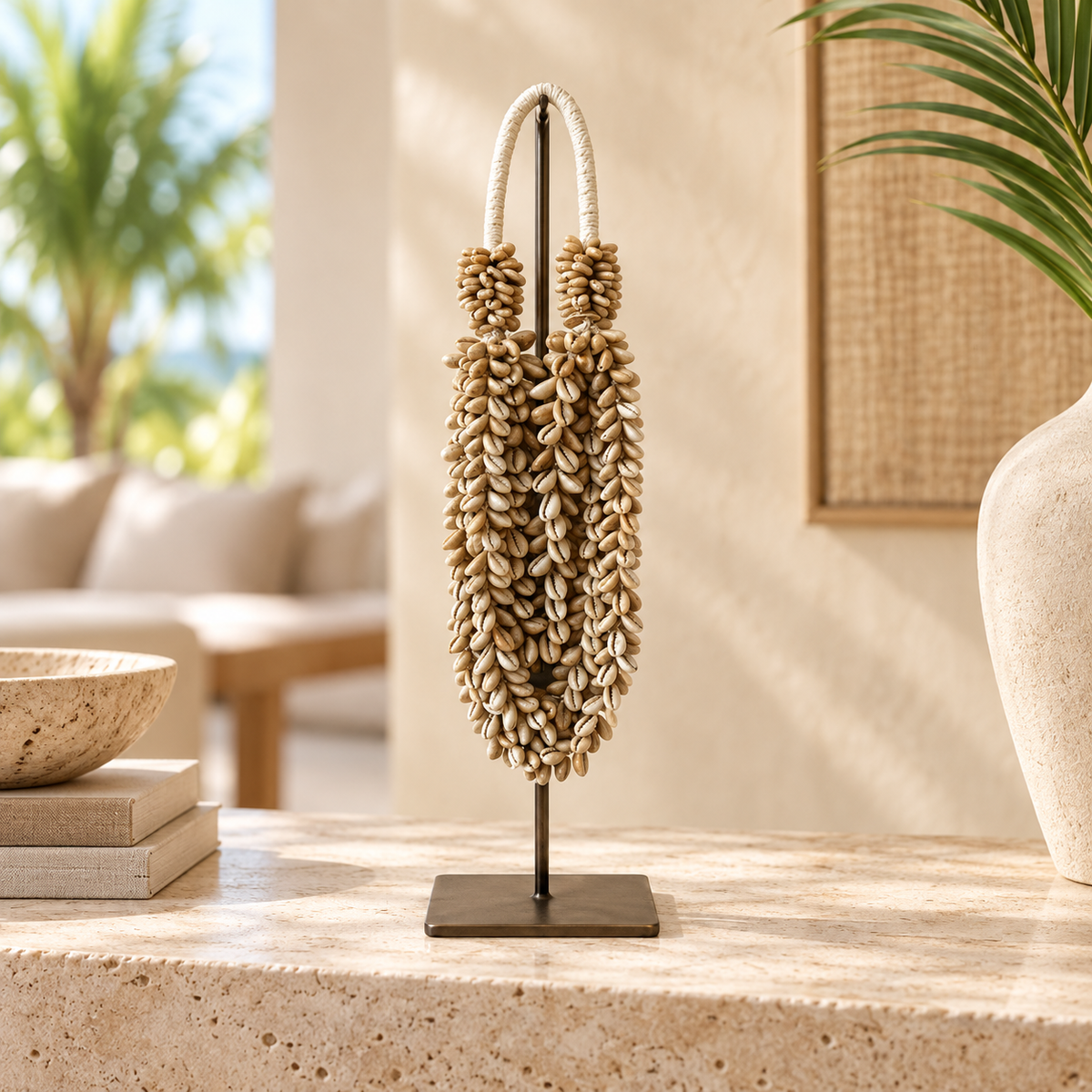 Cowrie decorative shell necklace — Cowrie shell necklace on metal stand styled on a travertine console