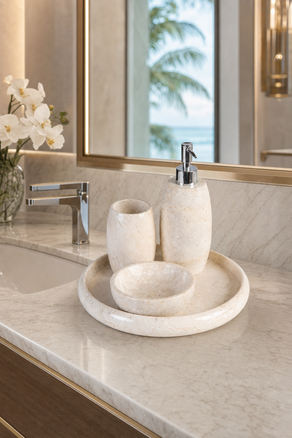 Cream Marble Haven Bathroom Accessories Set styled in an interior