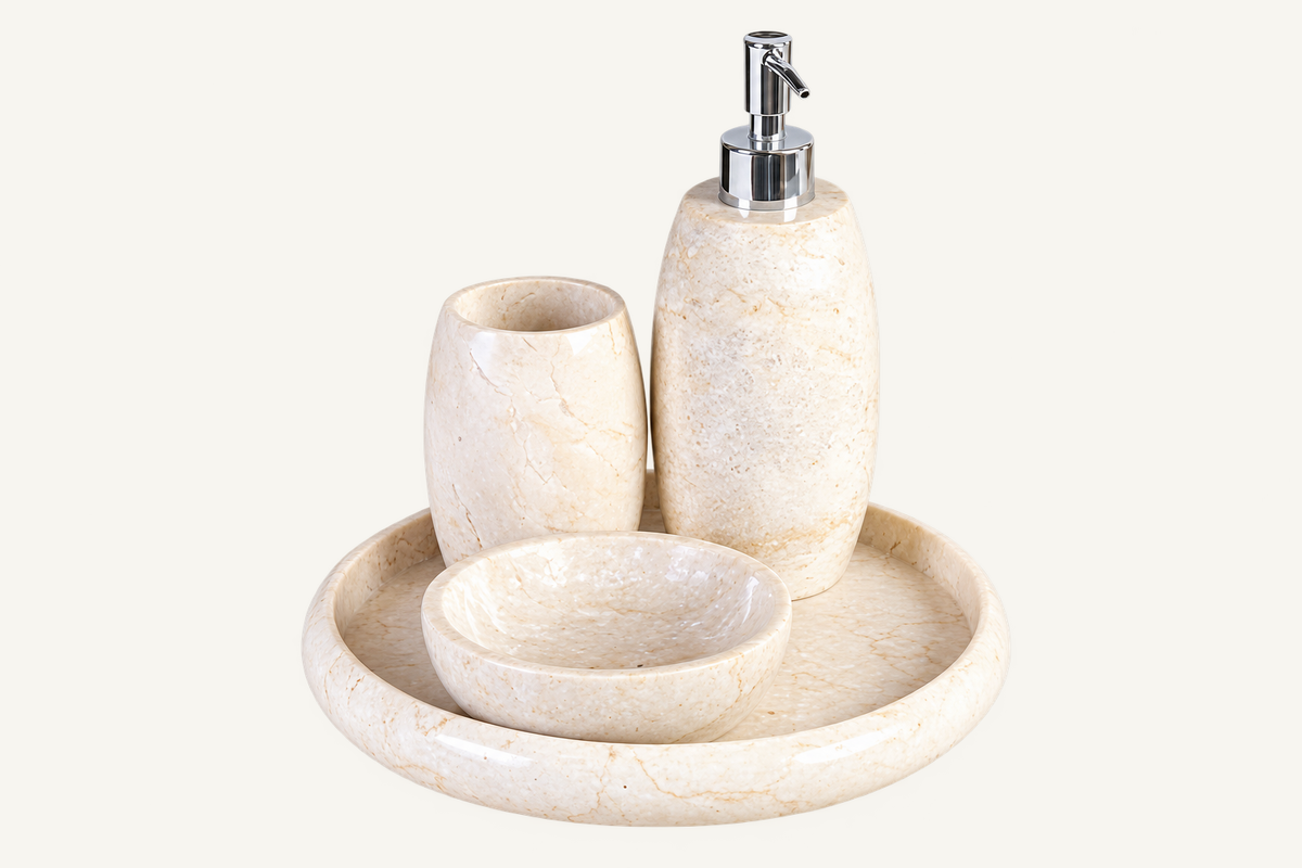 Cream Marble Haven Bathroom Accessories Set, front view