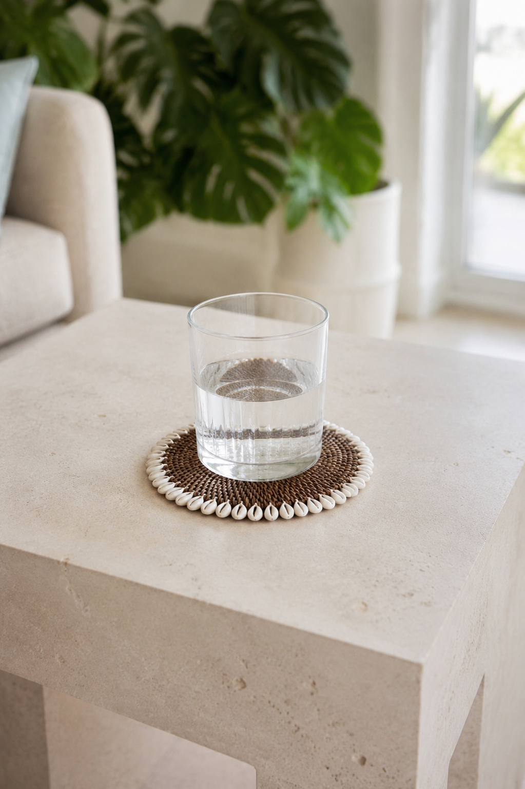 Handwoven Rattan & Cowrie Shell Coaster in Dark Natural, styled setting