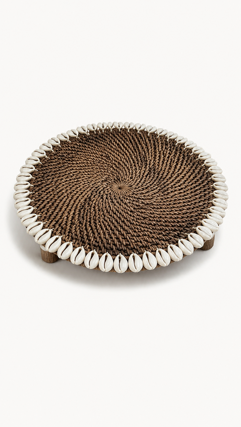 Handwoven Rattan & Cowrie Shell Coaster in Dark Natural, detail view