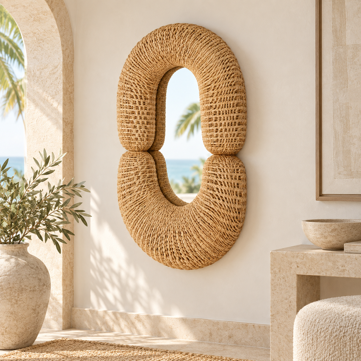 Double Loop Rattan Mirror styled in a warm neutral interior