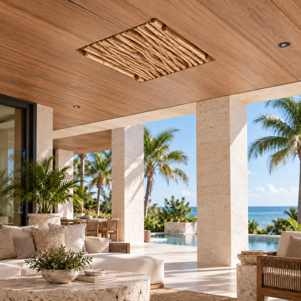 Driftwood Slat Roof Panel installed overhead at realistic scale