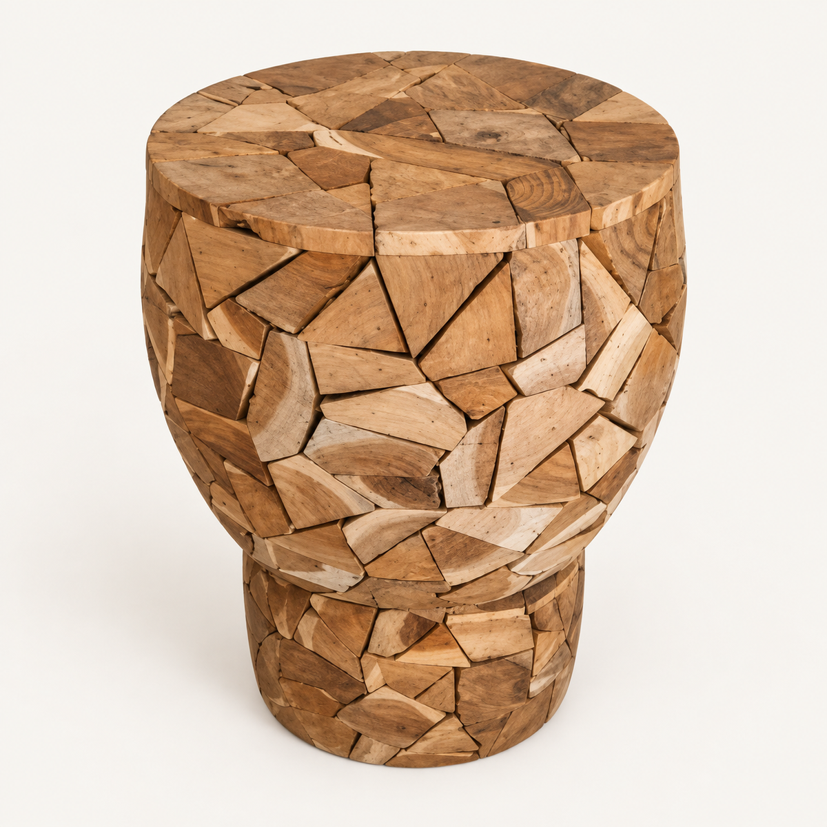 Drum teak mosaic stool, elevated view