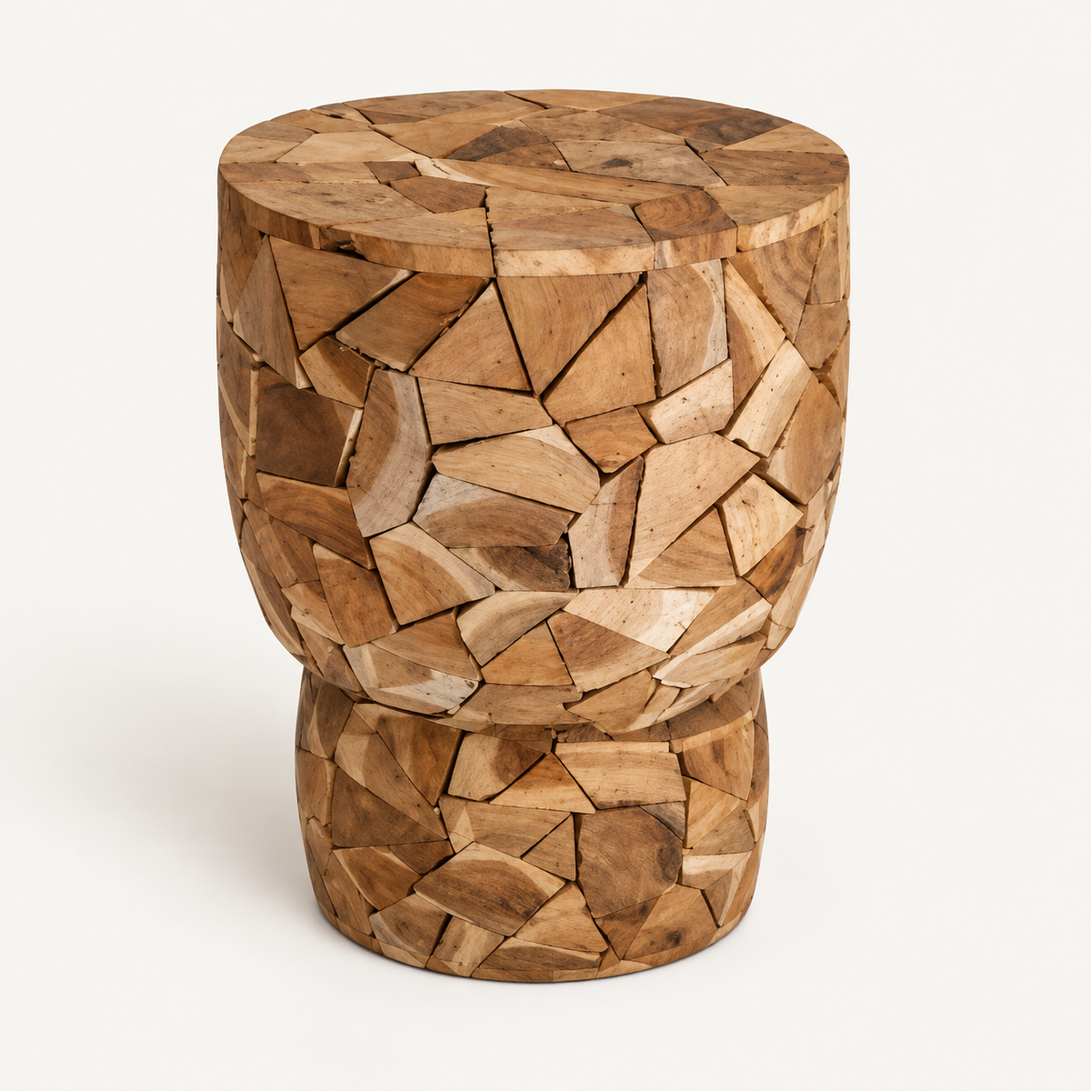 Drum teak mosaic stool, front view