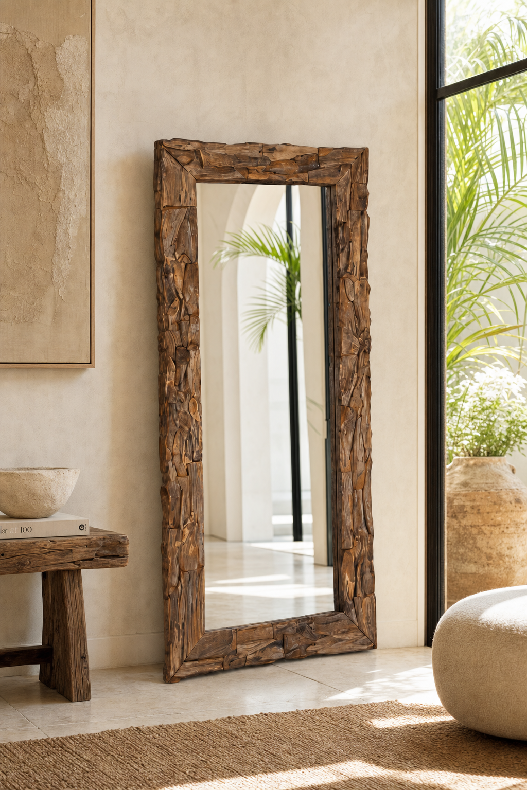Eroded Teak Mirror, styled in a warm neutral interior