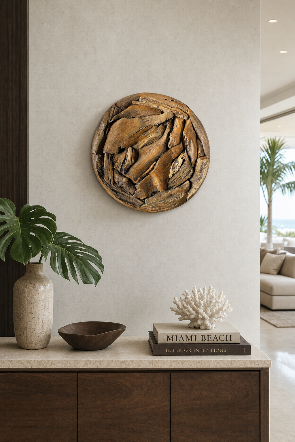 Eroded Teak Wall Sculpture styled in an interior