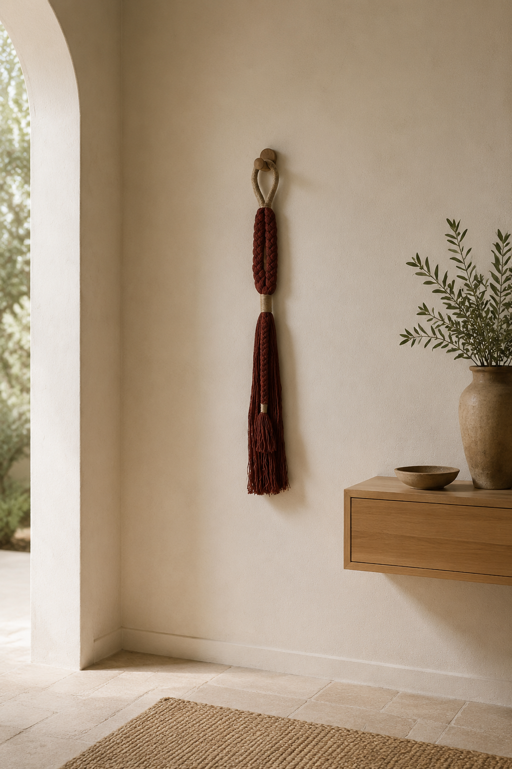 Burgundy cotton wall hanging in an entryway