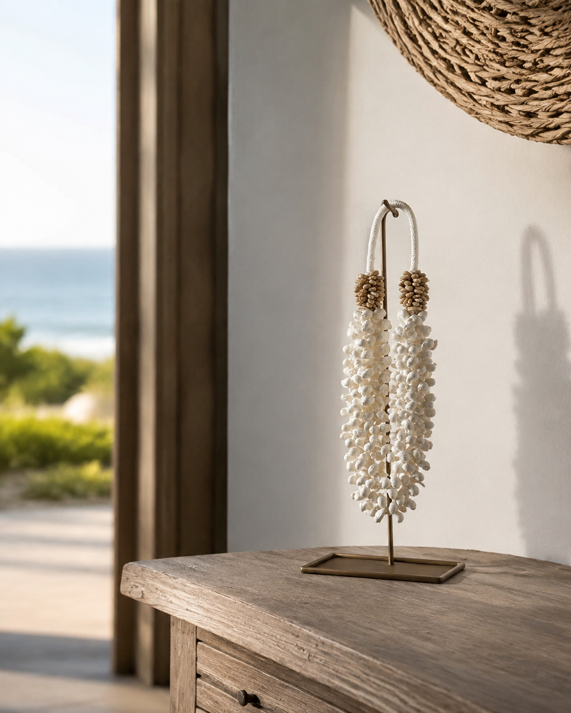 Buteng decorative shell necklace — Buteng shell necklace displayed on a console