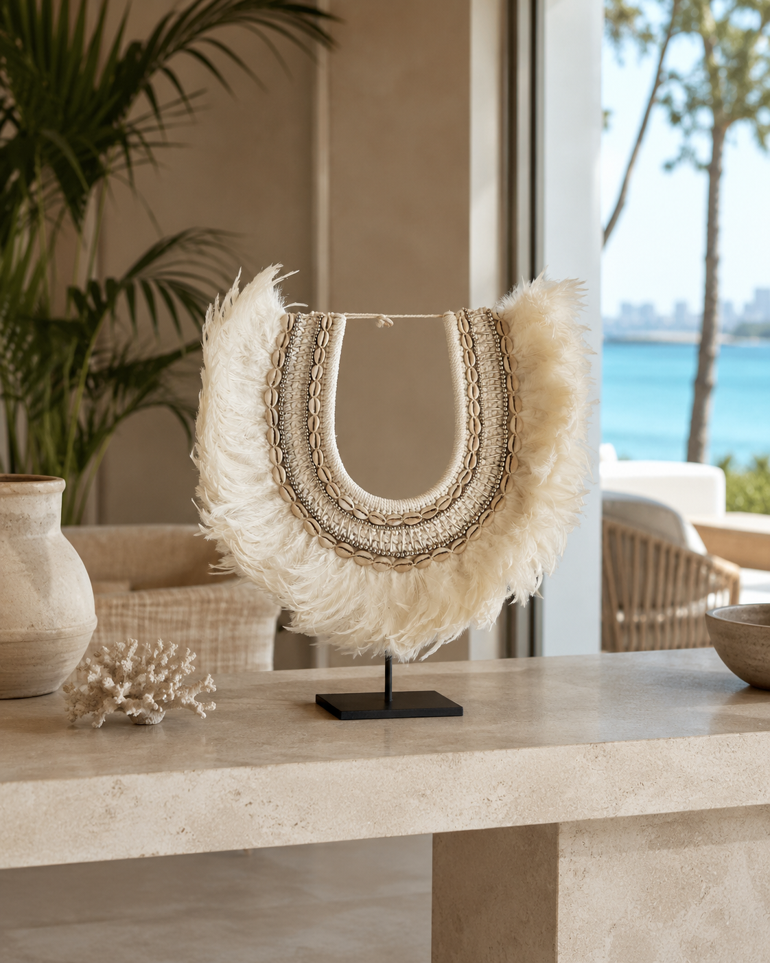 Feathered Shell decorative shell necklace — Feathered Shell Necklace on Metal Stand lifestyle image