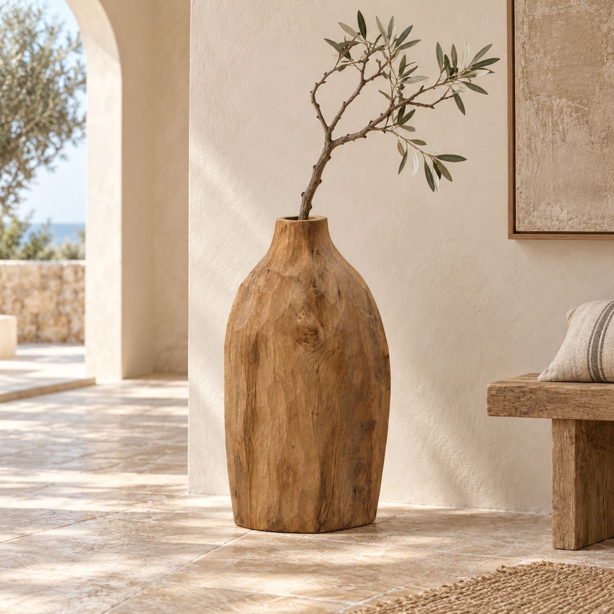 Gepeng Pipih Wood Vase in a warm coastal interior
