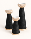 Black shell-trim candle holders in three sizes, angled view