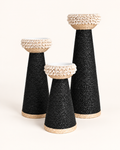 Black shell-trim candle holders in three sizes, front view