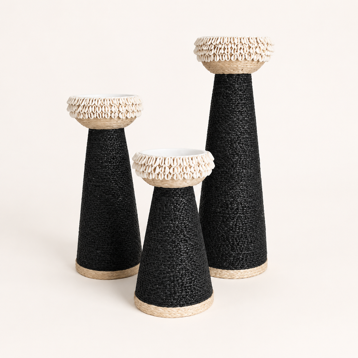 Black shell-trim candle holders in three sizes, catalog view
