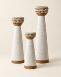 White shell-trim candle holders in three sizes, front view
