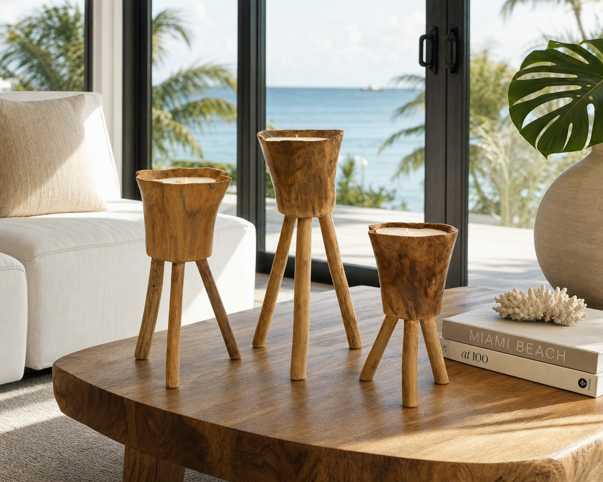 Handcrafted Teak Candle Holders styled in an interior