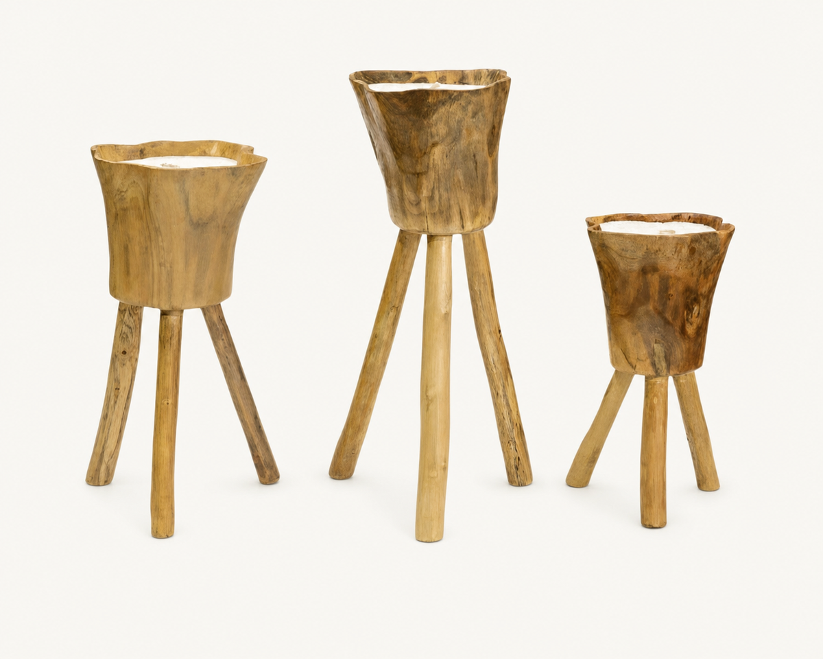 Handcrafted Teak Candle Holders, front view