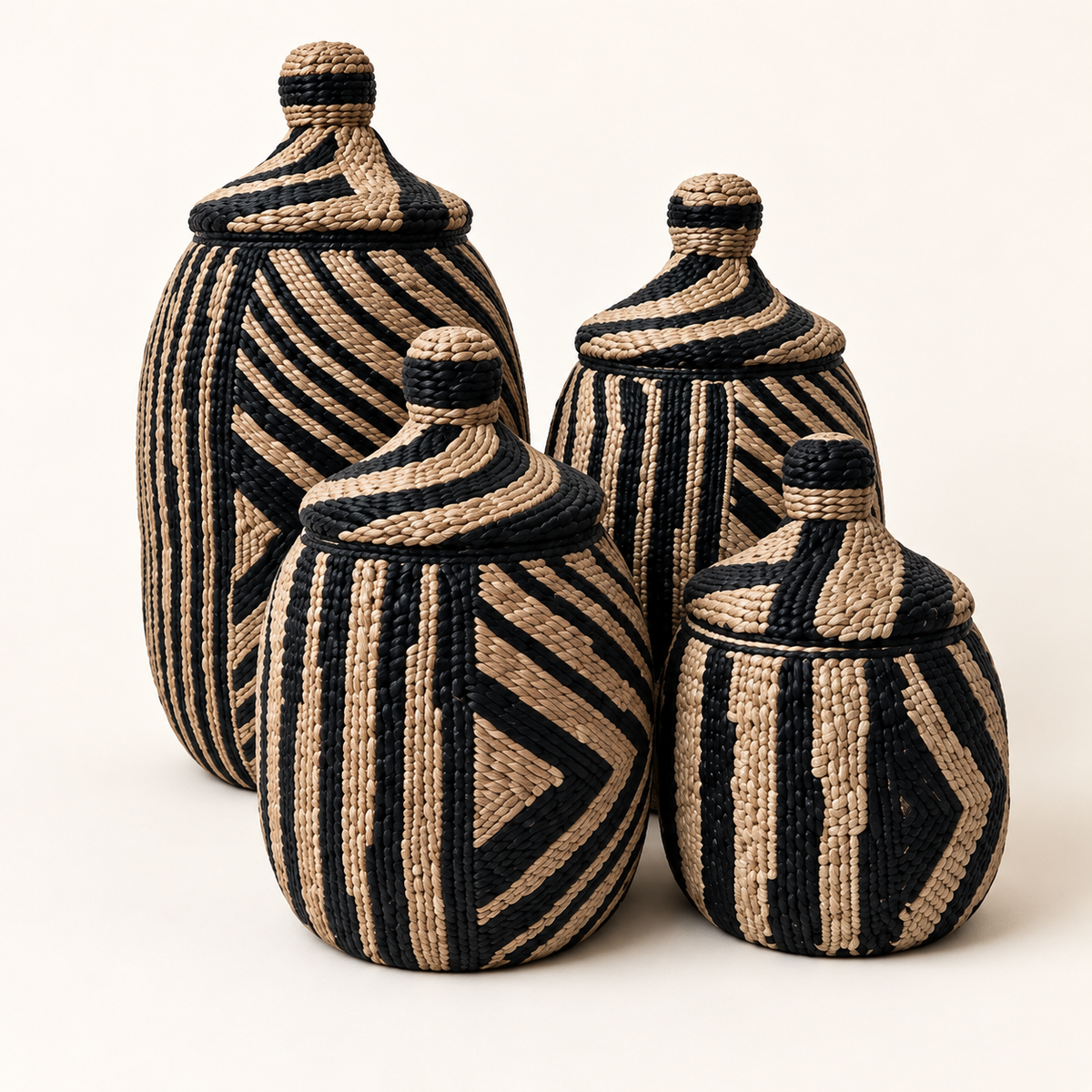 Black Pattern handwoven lidded vessel set of four — detail catalog view