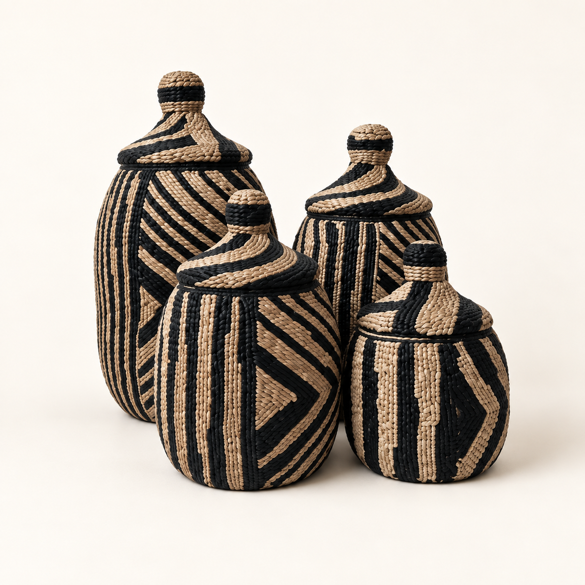Black Pattern handwoven lidded vessel set of four — front catalog view