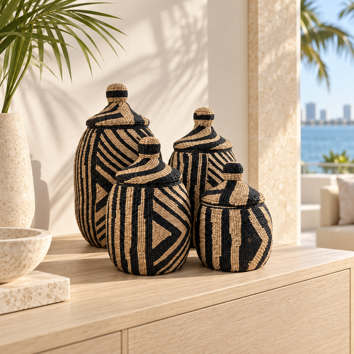Black Pattern handwoven lidded vessel set of four in a luxury Miami interior