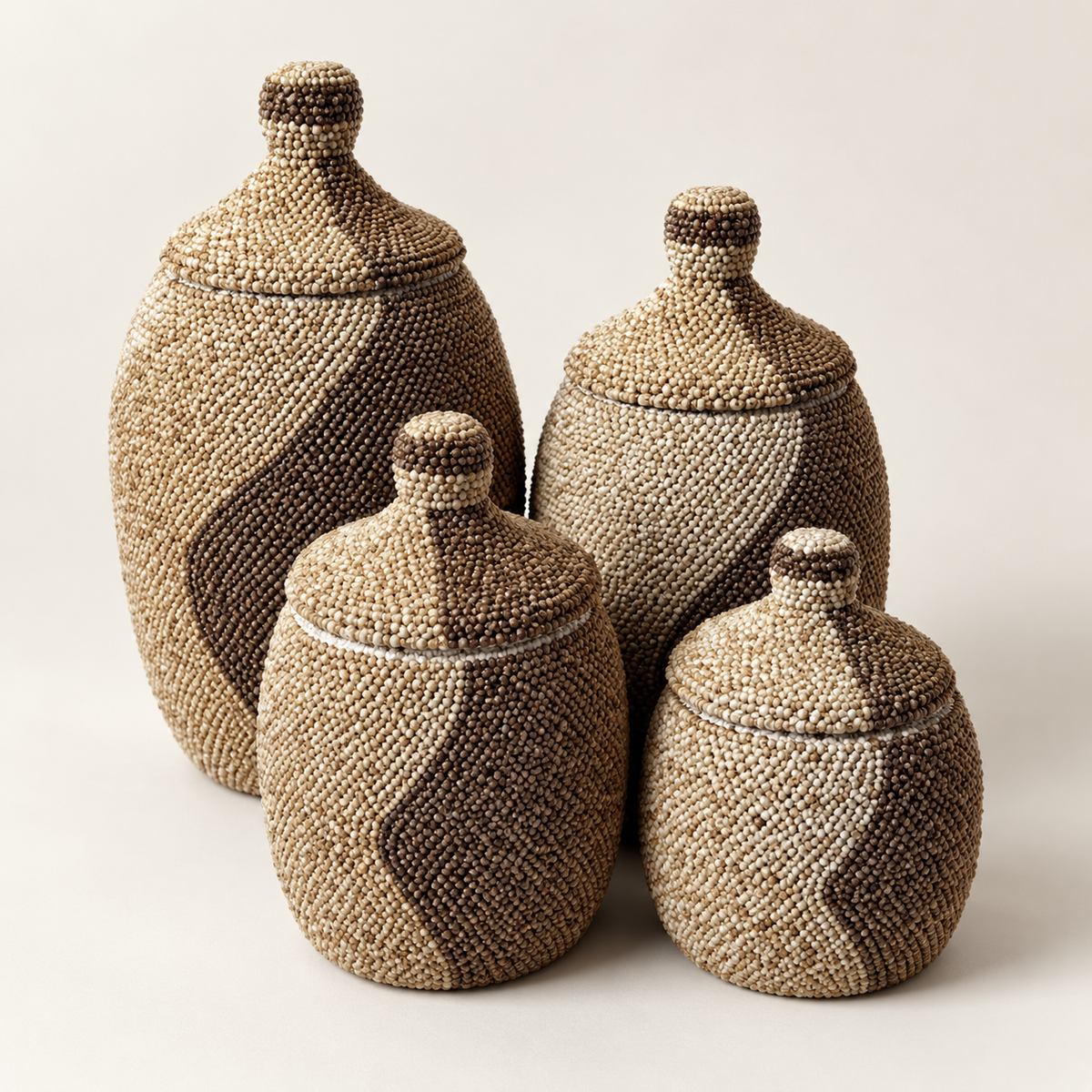 Natural handwoven lidded vessel set of four — detail catalog view