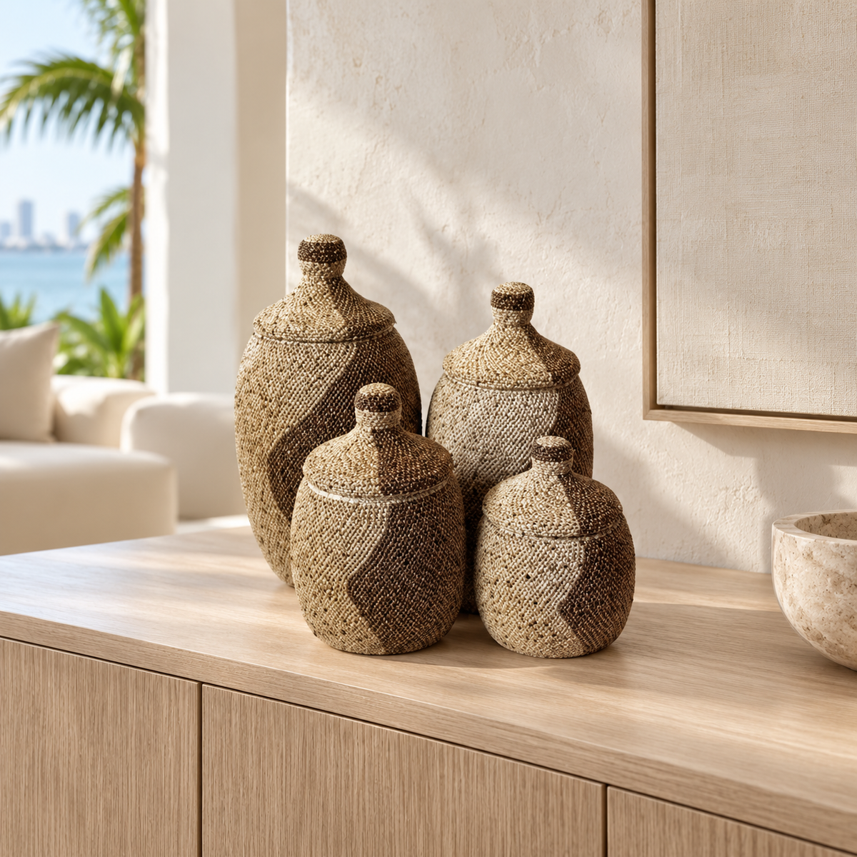 Natural handwoven lidded vessel set of four in a luxury Miami interior