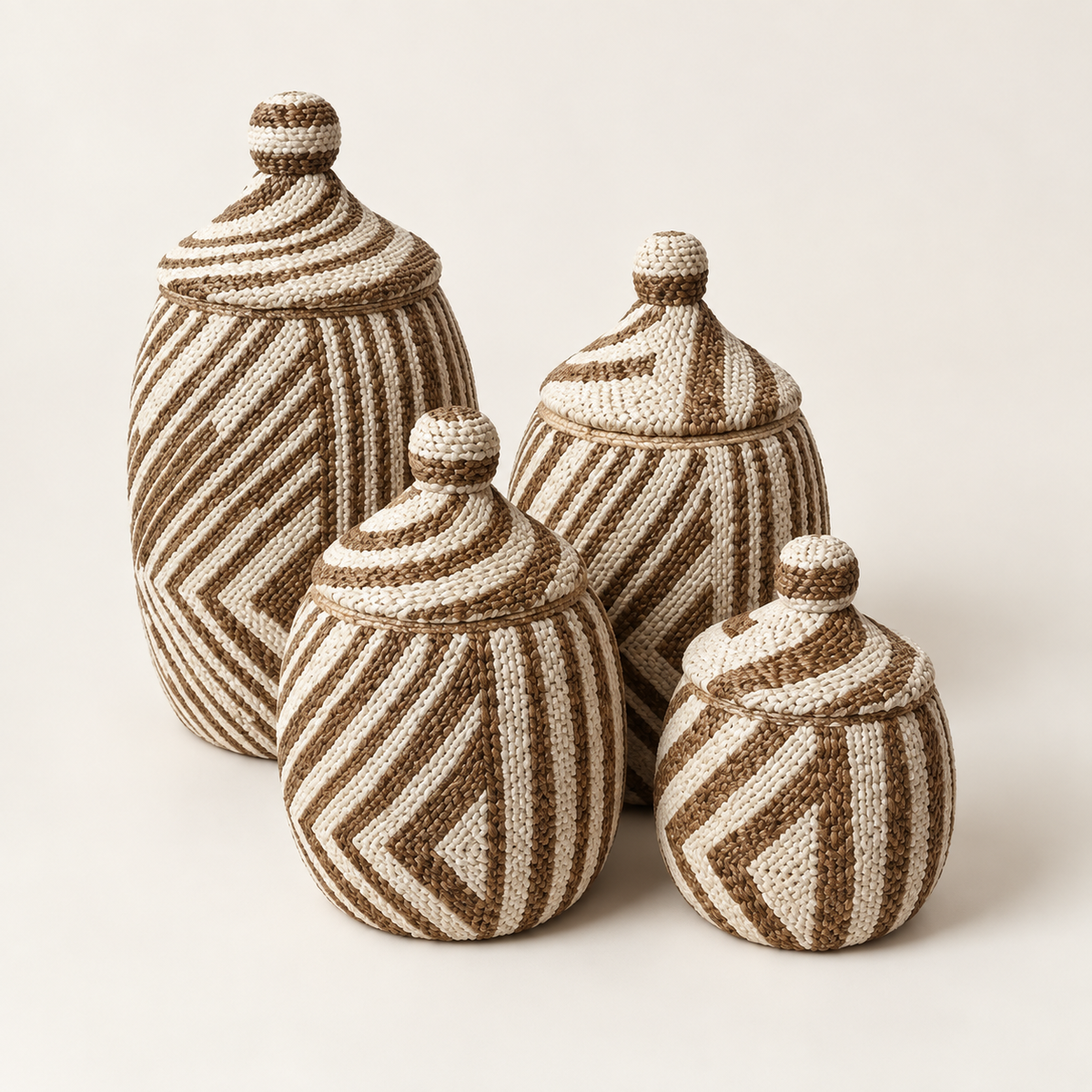 Striped handwoven lidded vessel set of four — alternate catalog view