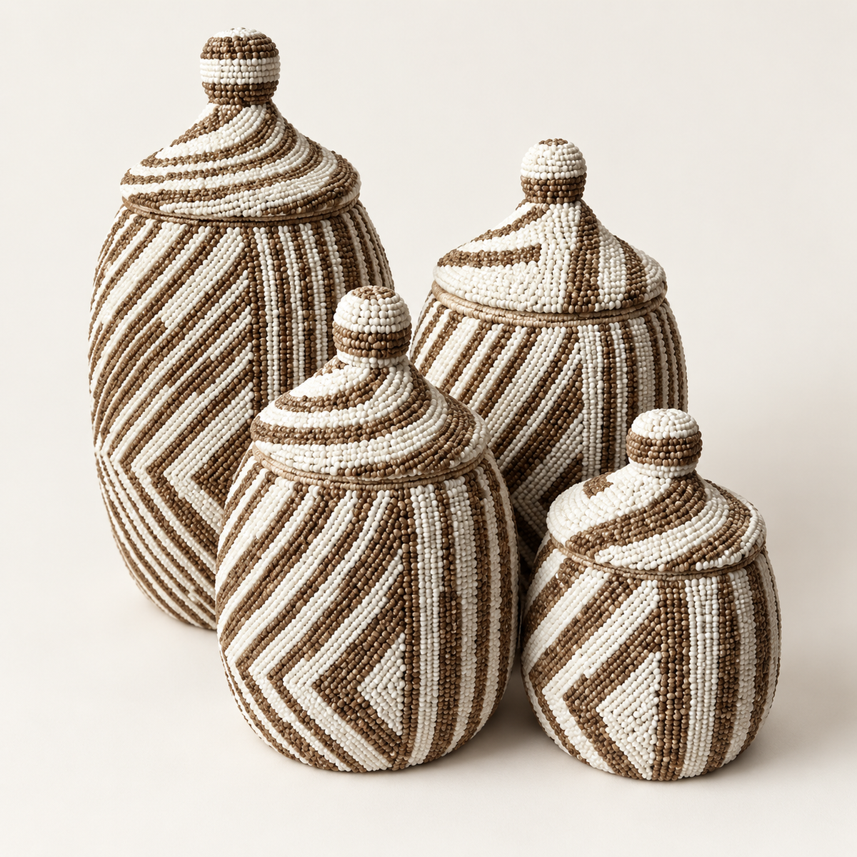 Striped handwoven lidded vessel set of four — detail catalog view