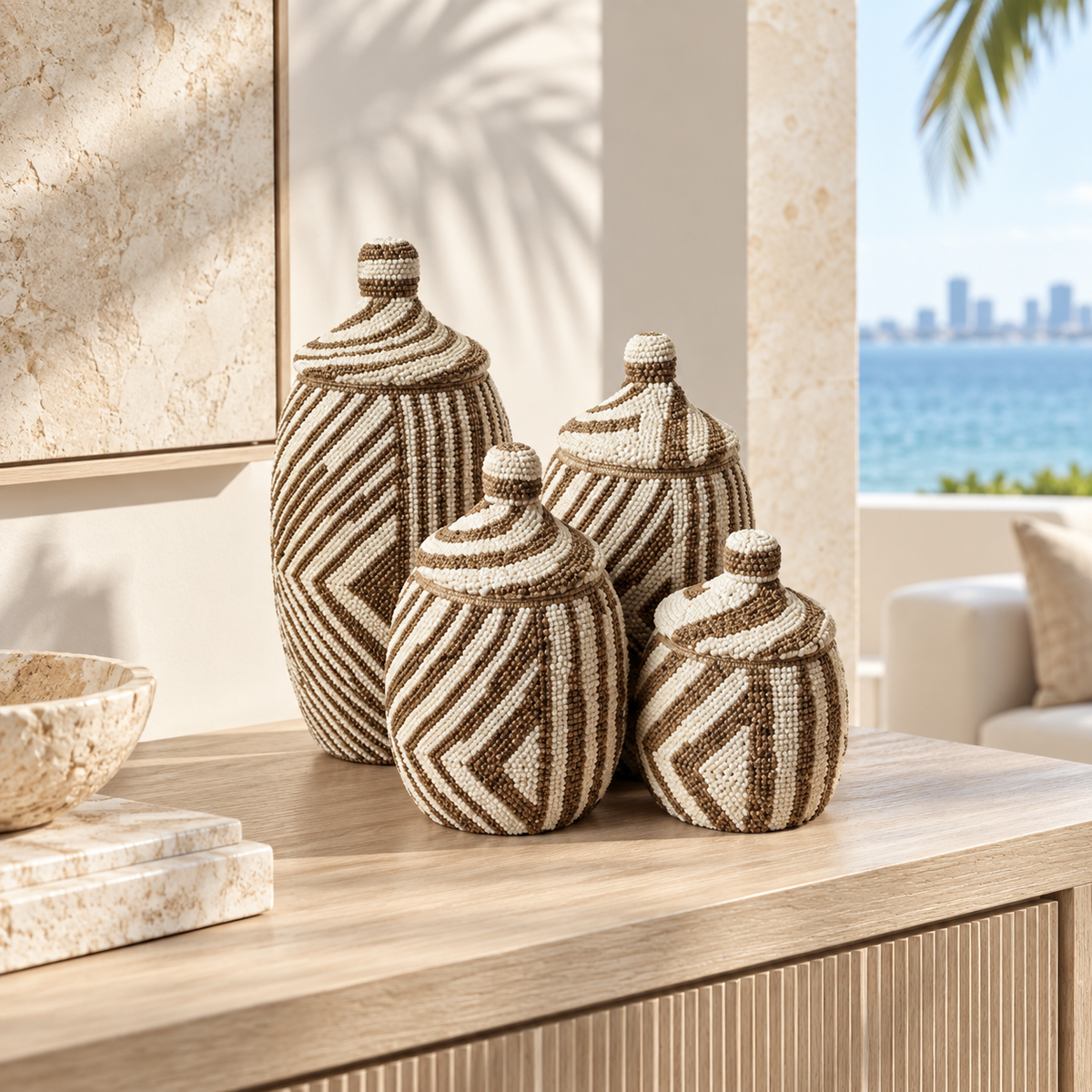 Striped handwoven lidded vessel set of four in a luxury Miami interior