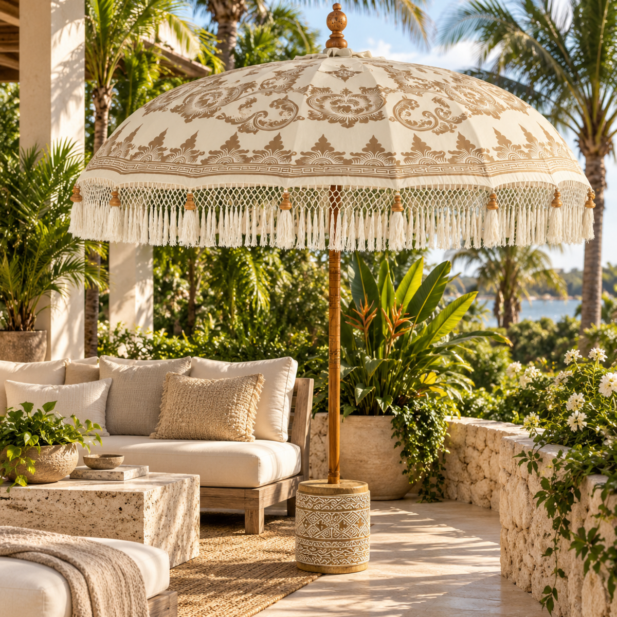 Traditional Balinese teak umbrella on a tropical Miami terrace