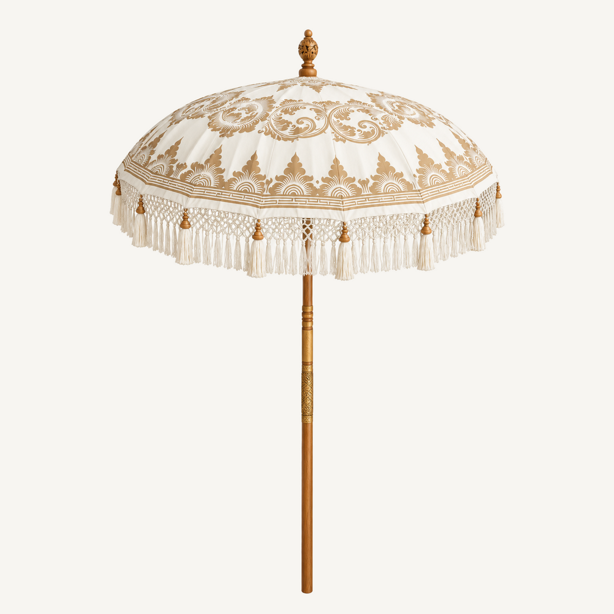 Traditional Balinese teak umbrella in sand and cream, angled view