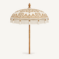 Traditional Balinese teak umbrella in sand and cream, front view