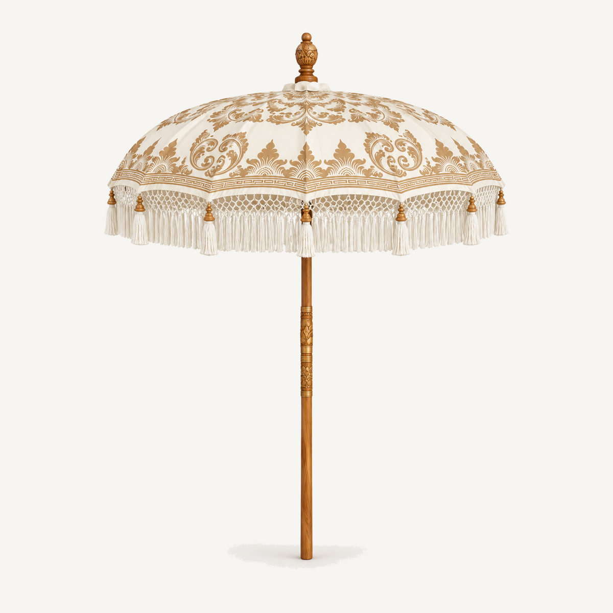 Traditional Balinese teak umbrella in sand and cream, front view