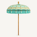 Traditional Balinese teak umbrella in turquoise and gold, front view