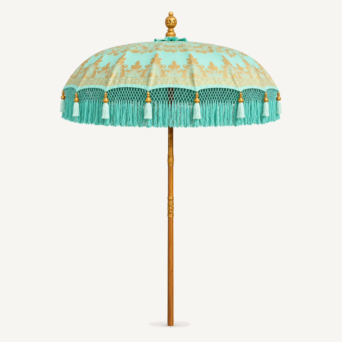 Traditional Balinese teak umbrella in turquoise and gold, front view