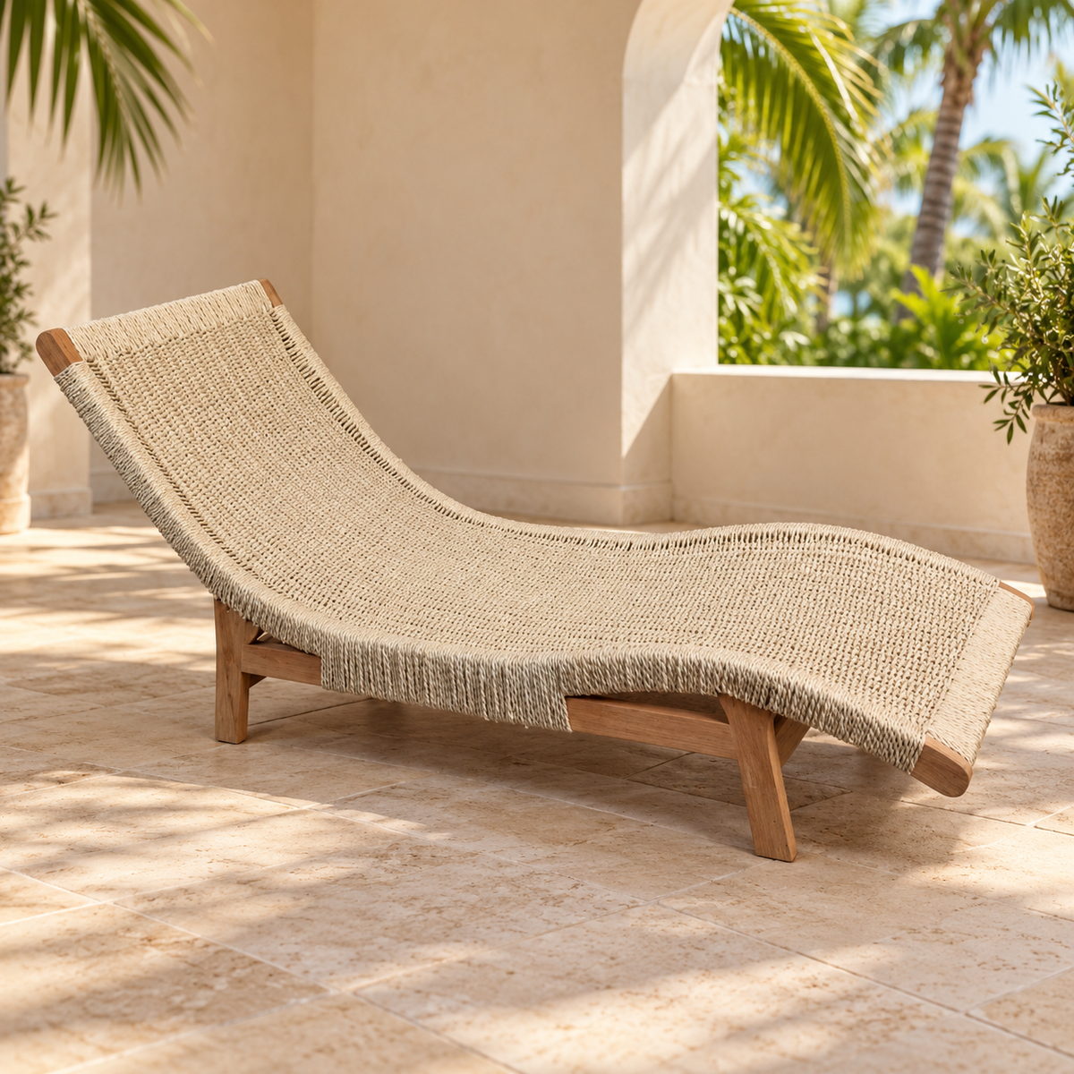 Ibiza natural rope sun lounger on a sheltered Mediterranean terrace
