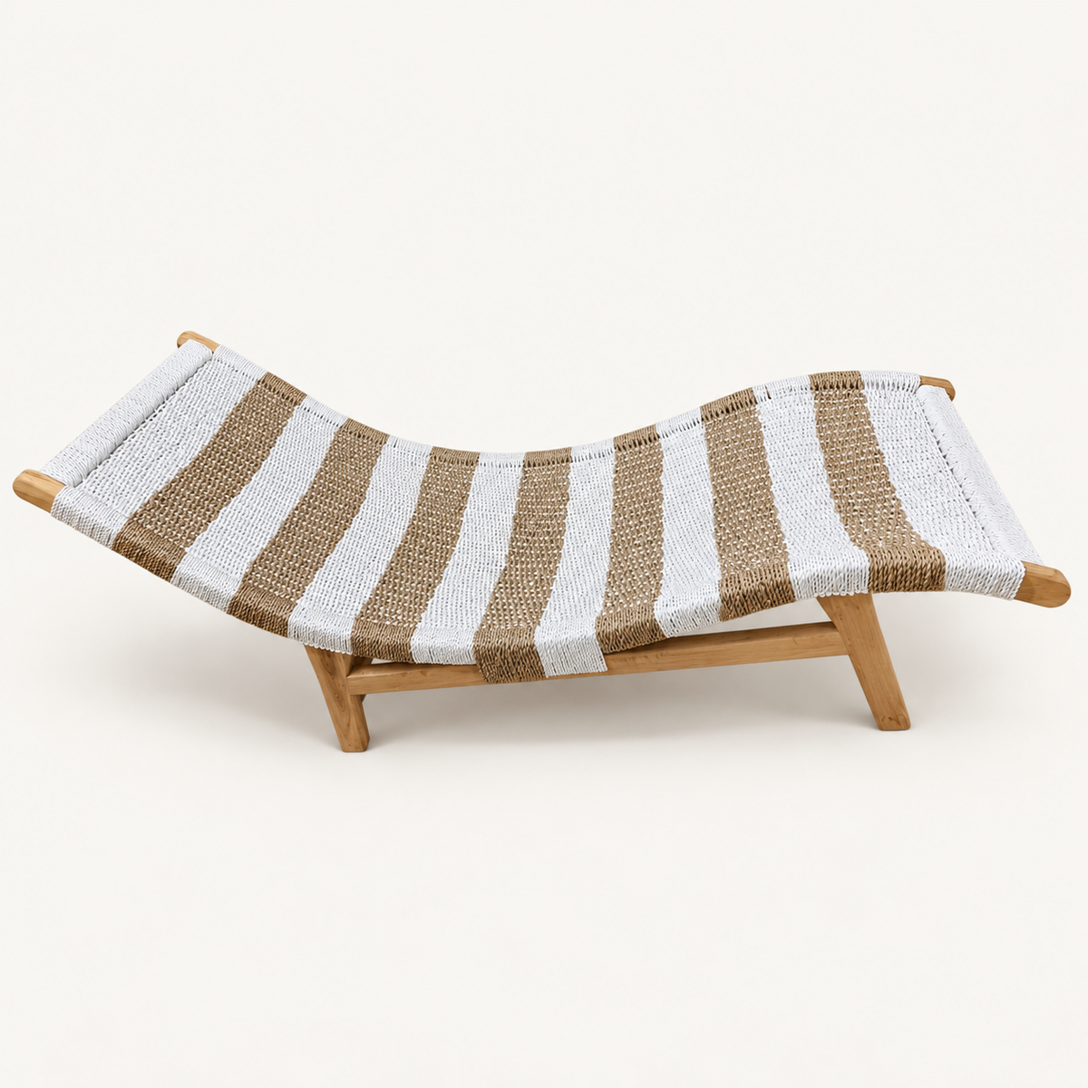 Ibiza teak sun lounger with natural and white striped rope