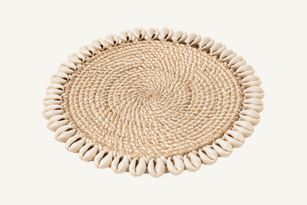 Handwoven Rattan & Cowrie Shell Coaster in Ivory, top view