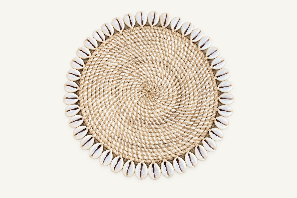 Handwoven Rattan & Cowrie Shell Coaster in Ivory, angled view