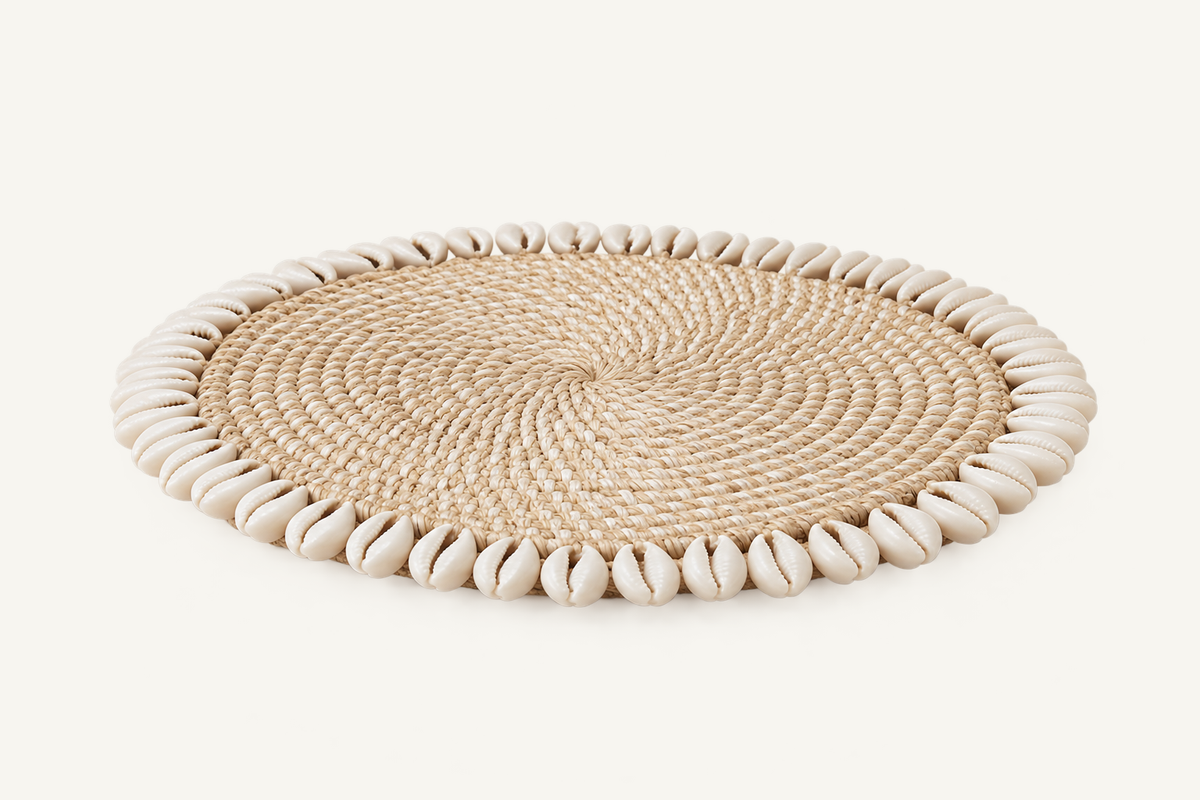 Handwoven Rattan & Cowrie Shell Coaster in Ivory, detail view
