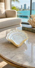 Pearl White Fan shell bowl trio in a luxury oceanfront living room