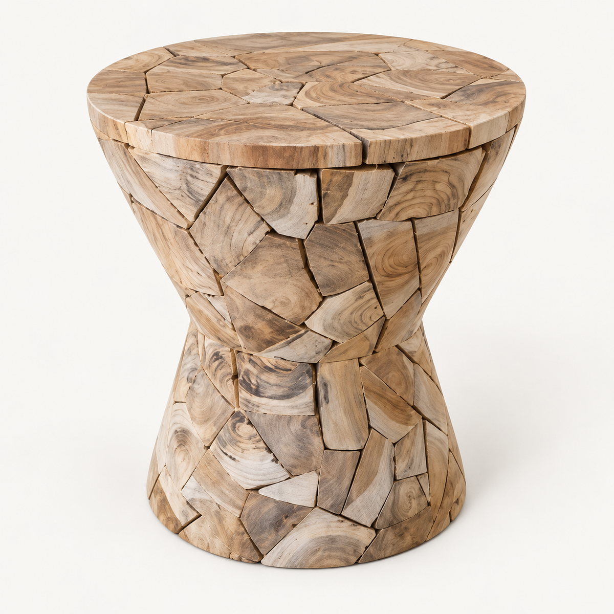 Kendang teak mosaic stool, elevated view